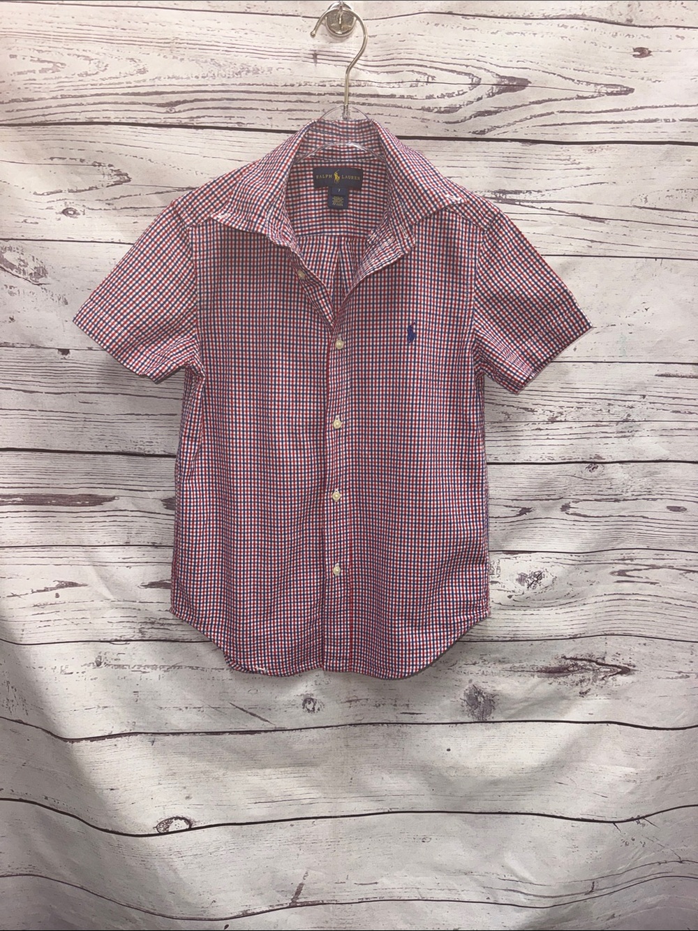 Polo by Ralph Lauren Red and Blue Micro-Check Short Sleeve Button-Down Size 7